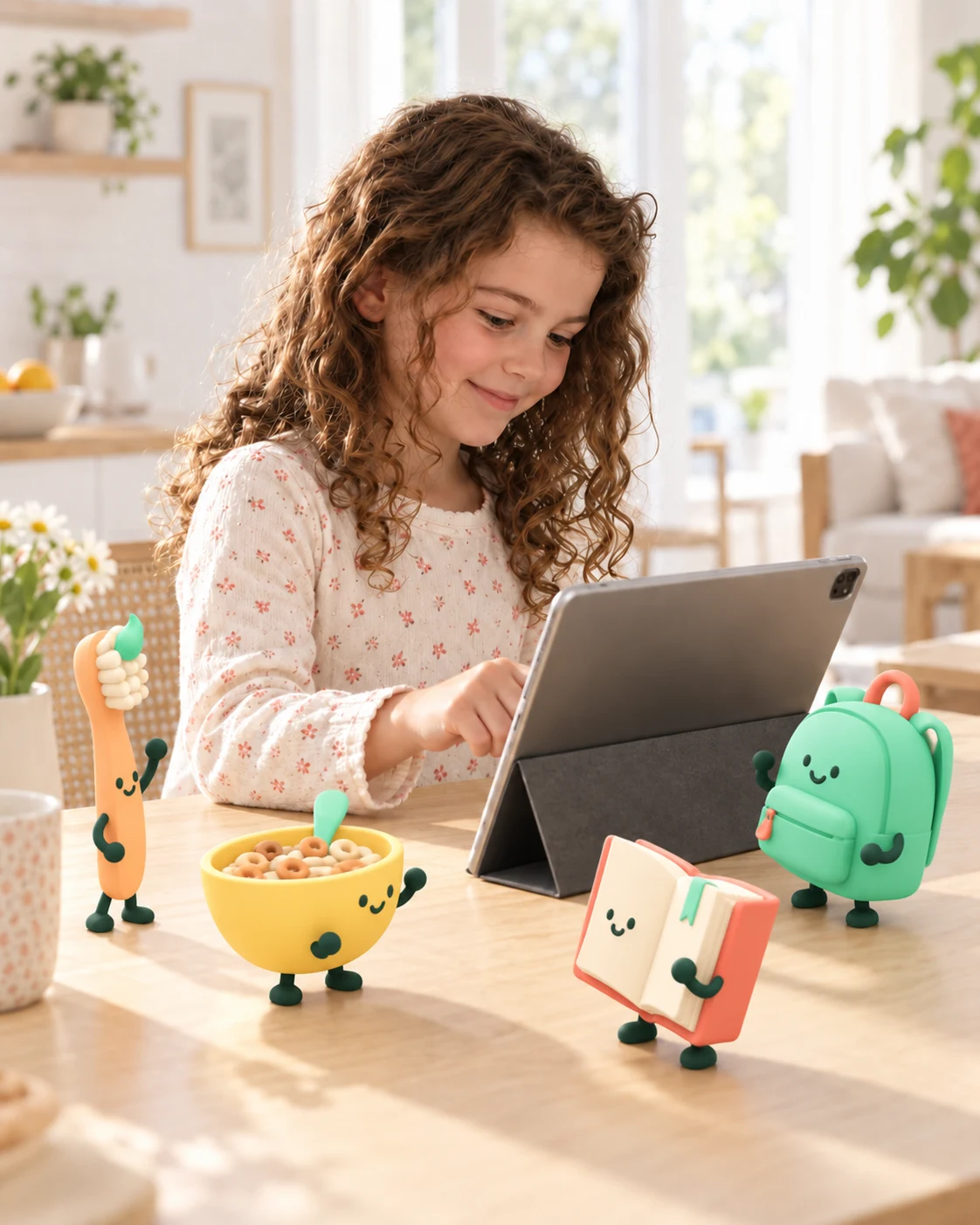 A smiling child uses her tablet in a bright kitchen. A little toothbrush, bag, bowl and book turn towards her on the table.