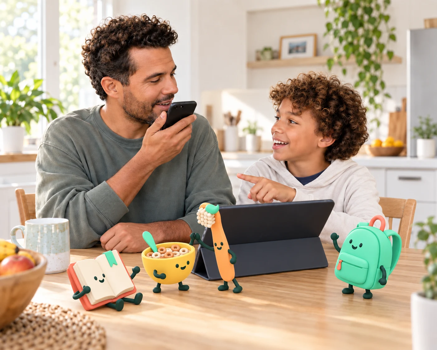A father and son plan a routine at a sunny table. The little book sits, the bag waves, and the bowl plays with the toothbrush beside them.