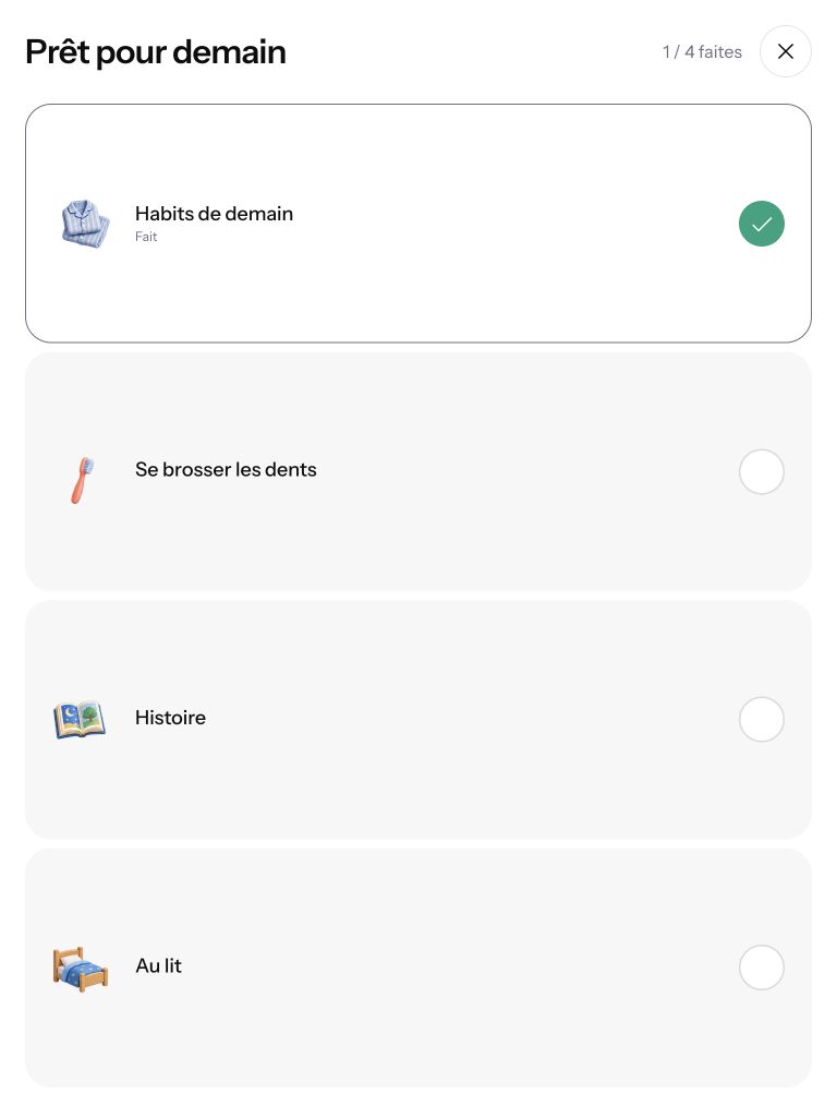 Actual Dayday tablet screenshot: a four-step evening routine with the first step checked. The Web app is available in English and French.