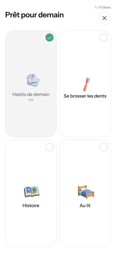 Actual Dayday child view on a phone, with large icons and French labels.